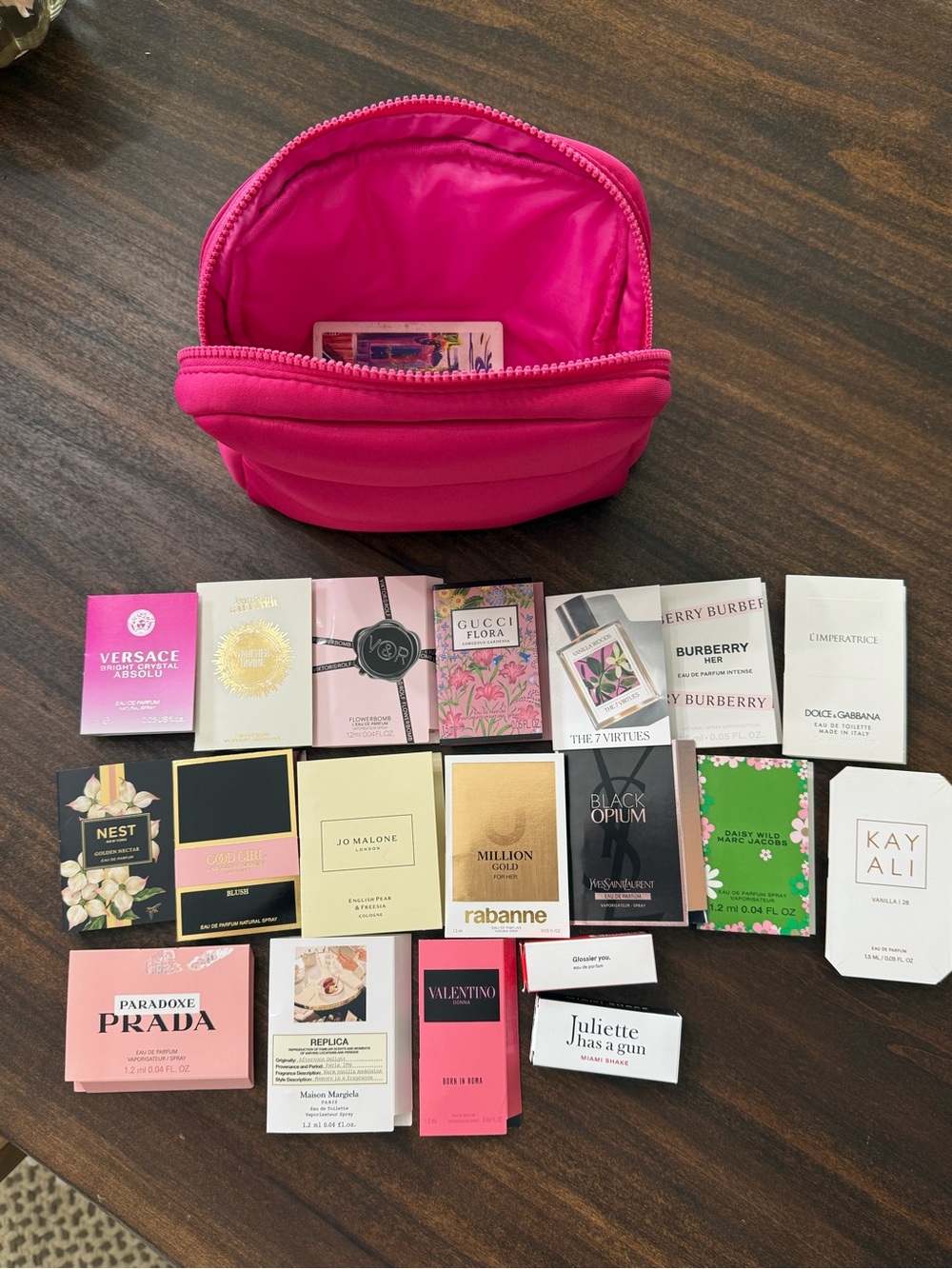 Sephora Hot Pink Cosmetic Pouch with Women's Fragrance Sample Cards - Picture 3 of 4
